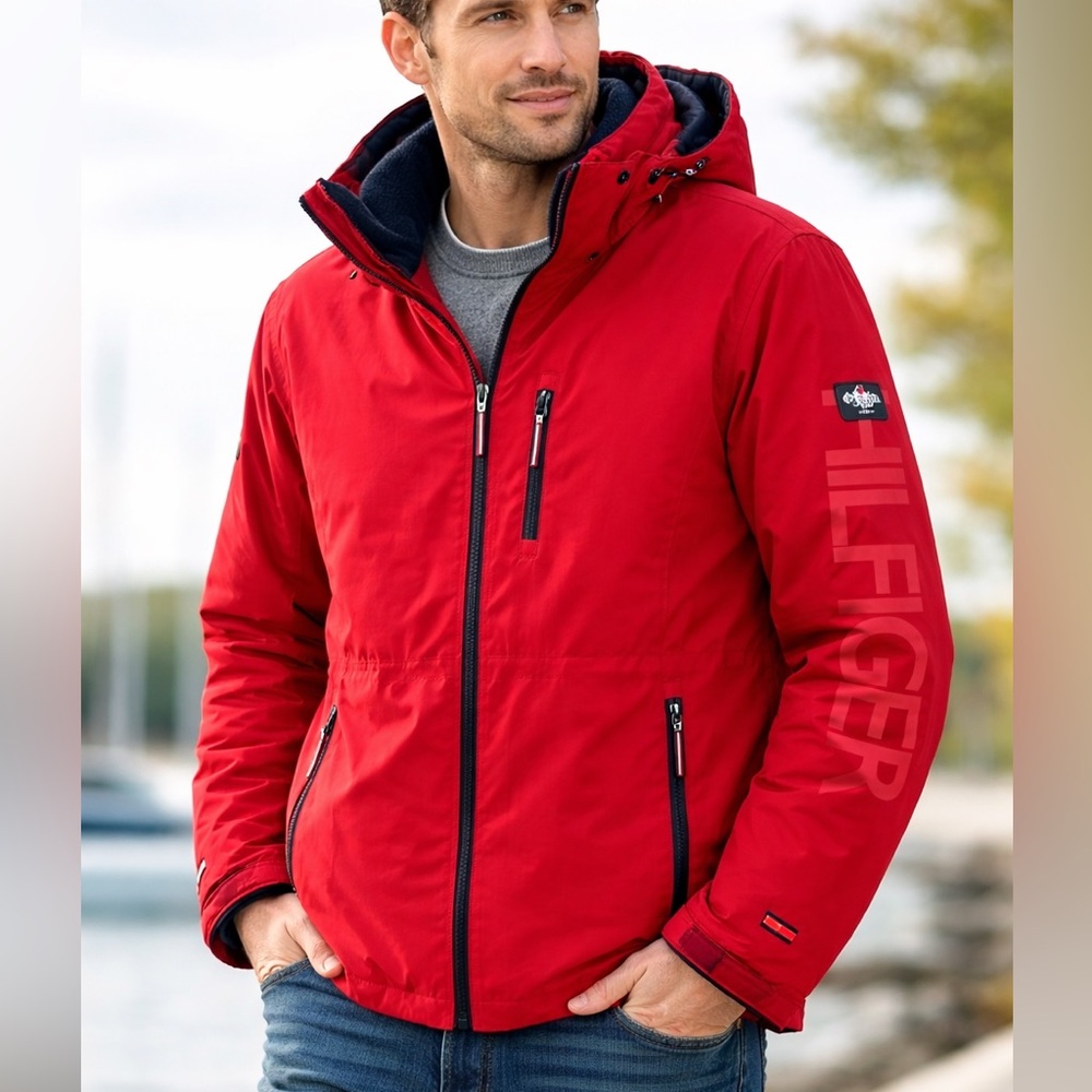 Tommy Hilfiger Men’s Red 3-In-1 All Weather System Jacket Hooded Zip Coat